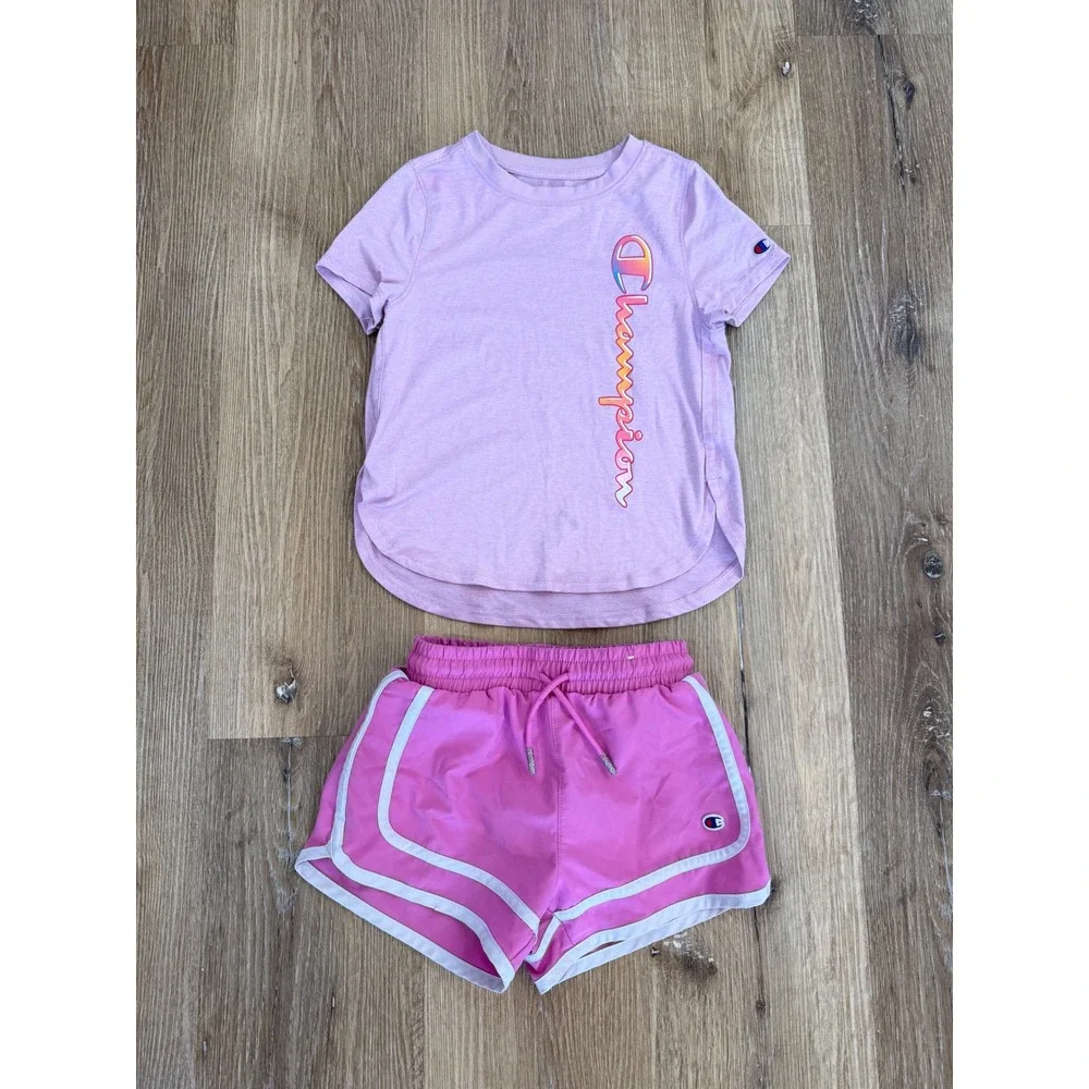 Champion Gorpcore Activewear Set Girls 5/6 Pink Logo Tee Dolphin Shorts